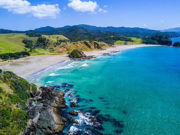 Arial view of beach with mountains